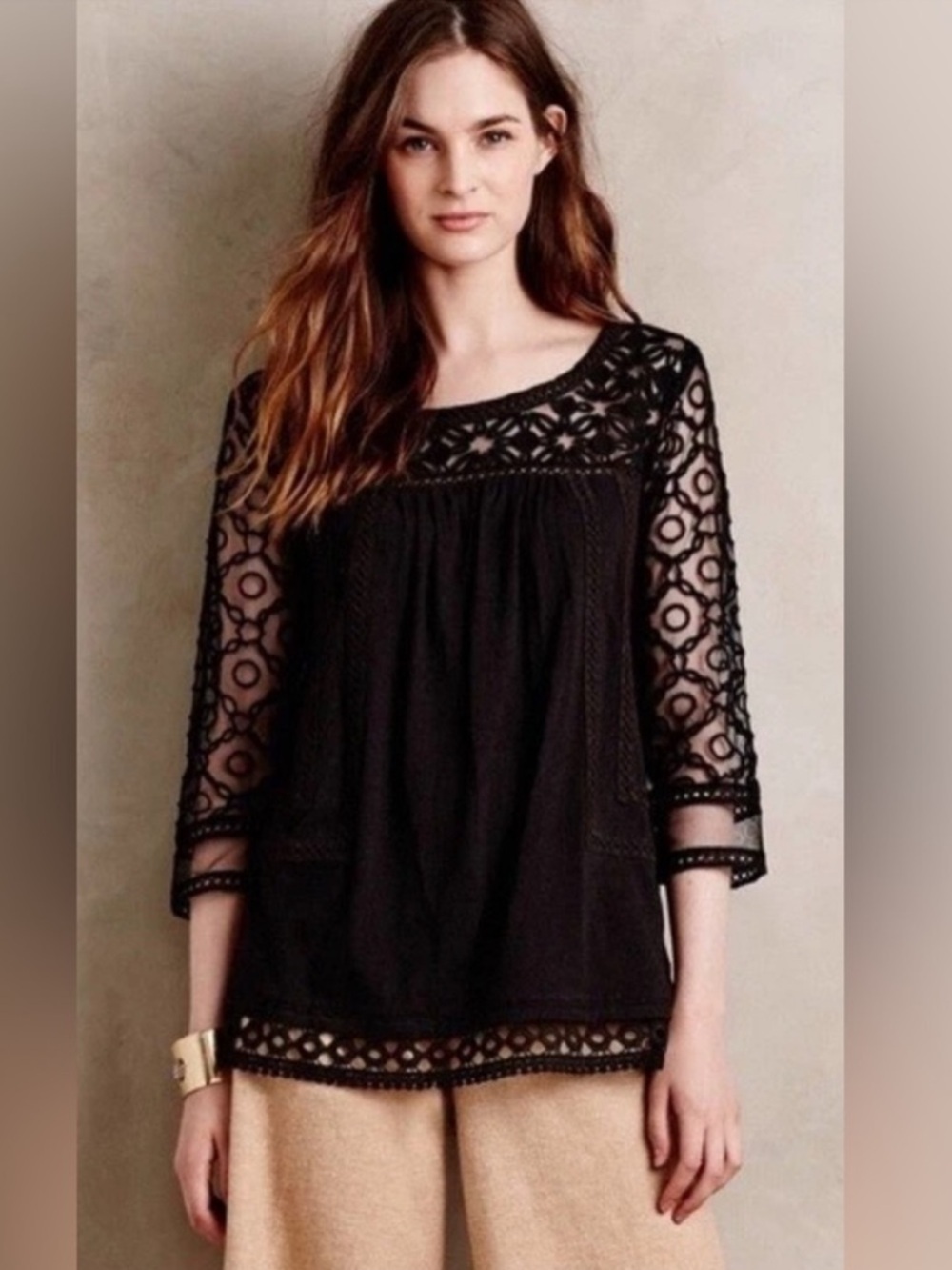 Anthropologie Meadow Rue
Mantra Lacy cotton 3/4 Sleeve
Black Boho